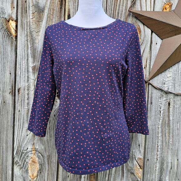 Boatneck Polka Dot Tee Talbots Size M Navy Red Crop 3/4 Sleeve Stretch T-shirt - Picture 1 of 8
